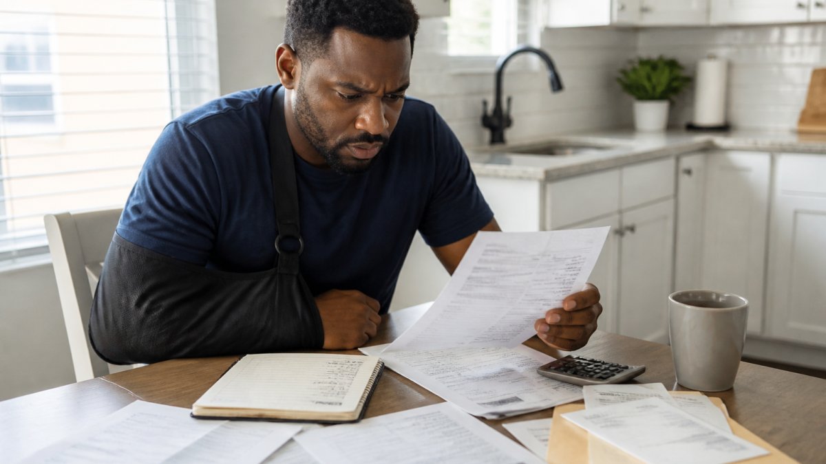 A person sitting at a kitchen table reviewing medical bills and insurance paperwork with a pen and notepad, soft daylight through a window