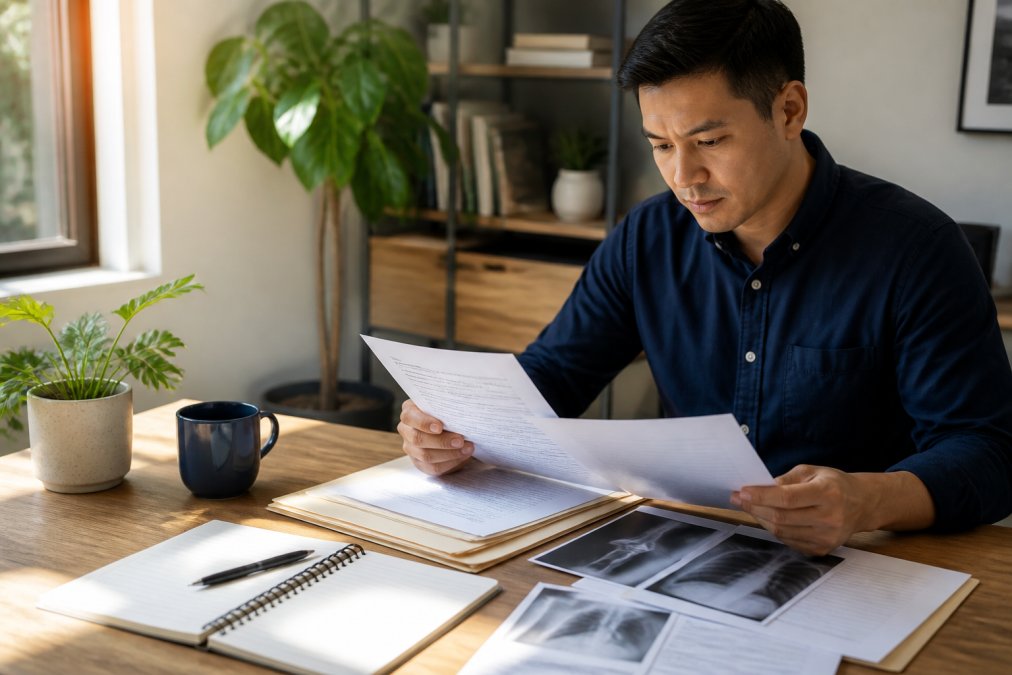 A person sitting at a wooden desk reviewing medical records and accident paperwork, a notepad and pen nearby, focused expression, warm natural office lighting