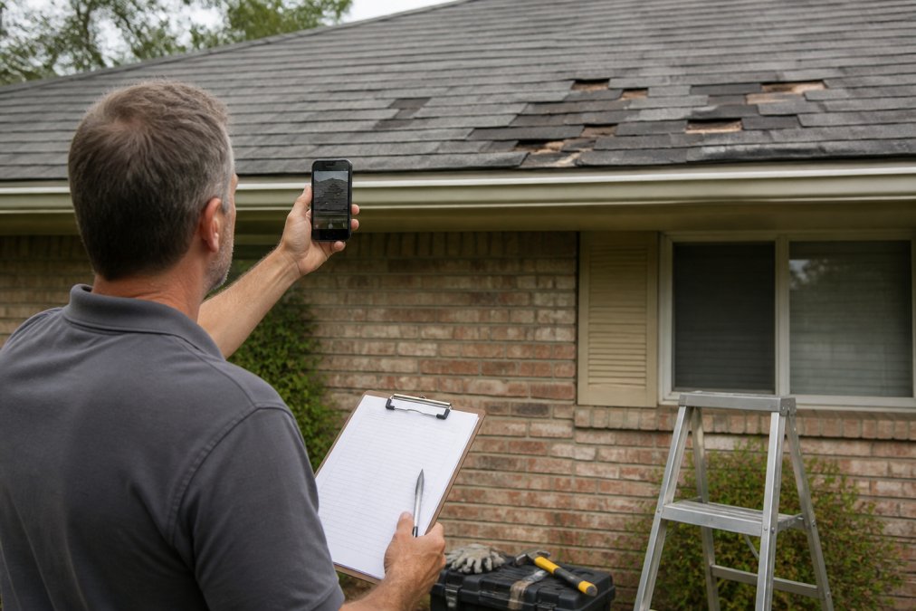 Homeowner photographing roof damage from ground level with smartphone, capturing hail damage and missing shingles, holding clipboard and notepad with inspection tools nearby