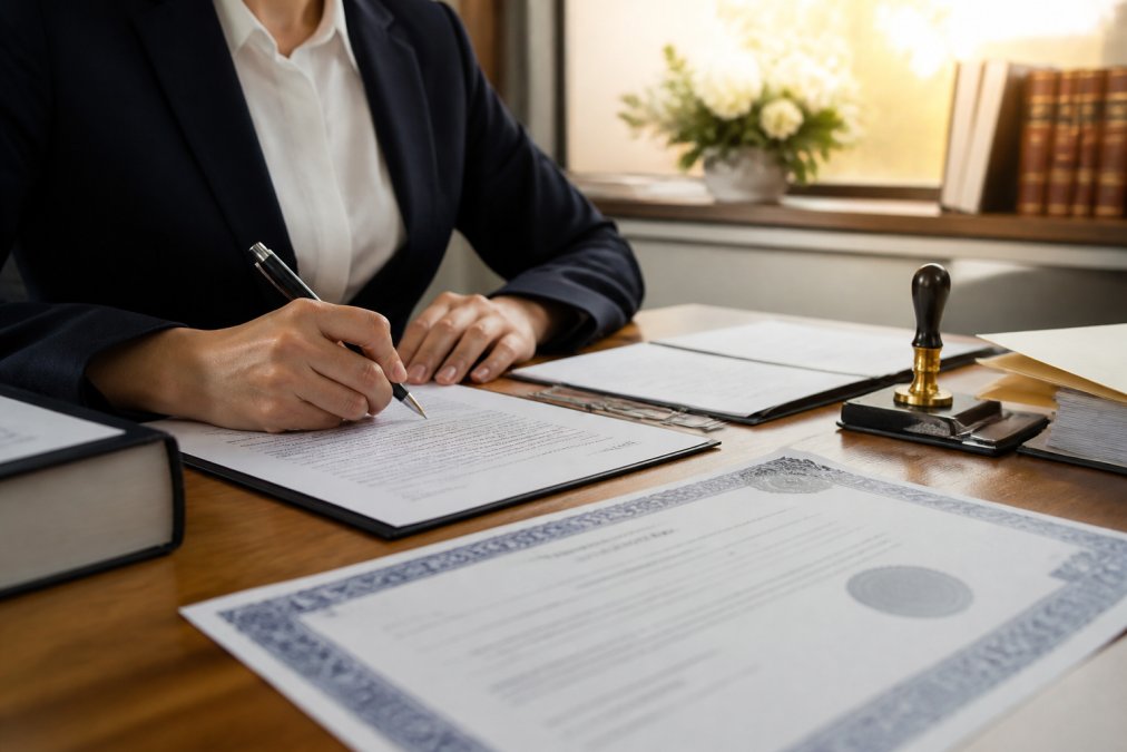 Professional hands completing legal paperwork at a desk with a death certificate, pen, and notary stamp visible nearby, morning light streaming through office window
