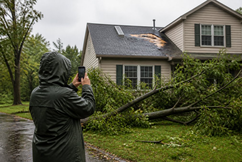 A homeowner in a raincoat photographing a damaged roof with a smartphone after a storm, fallen branches scattered across the wet yard, overcast sky