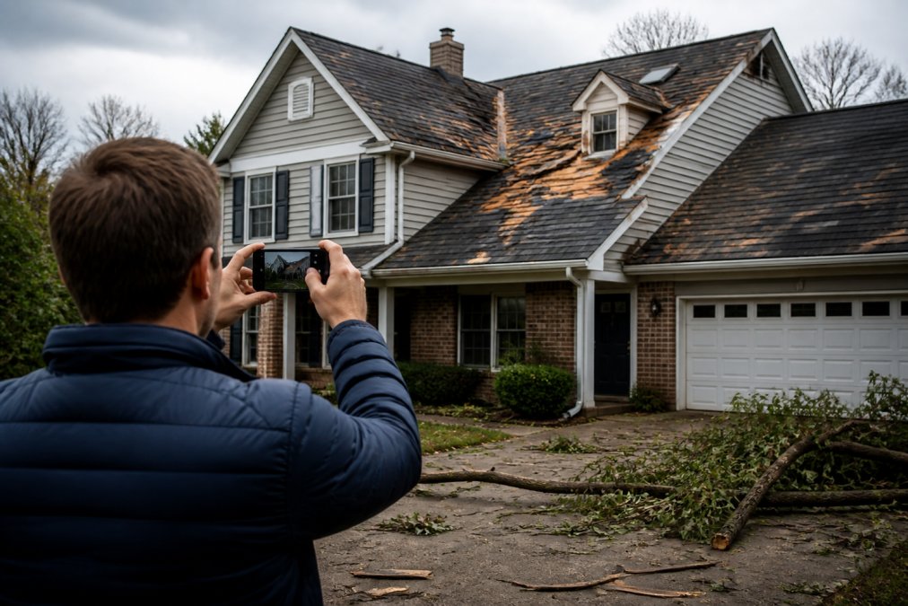 Homeowner in a driveway photographing roof damage on a two-story house with a smartphone after a storm, debris visible in the yard