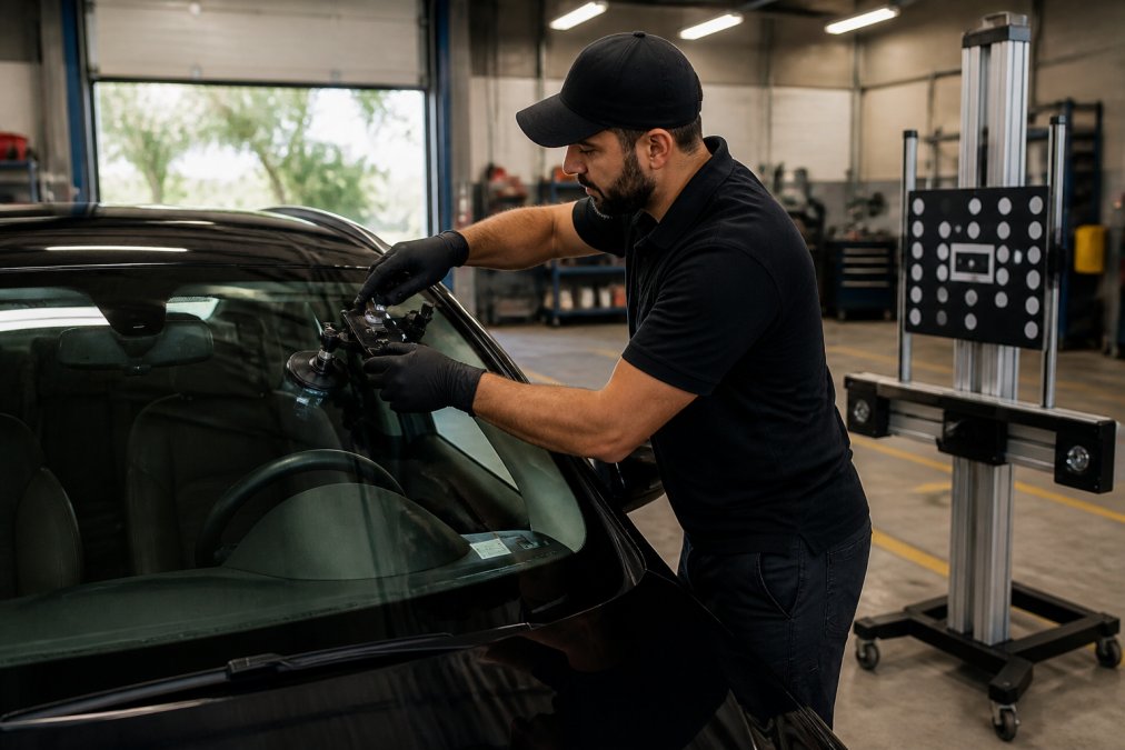 Technician performing ADAS camera calibration using diagnostic equipment on a vehicle windshield in a service facility, with calibration tools visible and focused alignment display