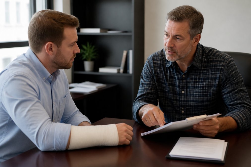 Worker speaking with supervisor in an office setting, discussing workplace injury with documentation on desk, professional lighting from office windows