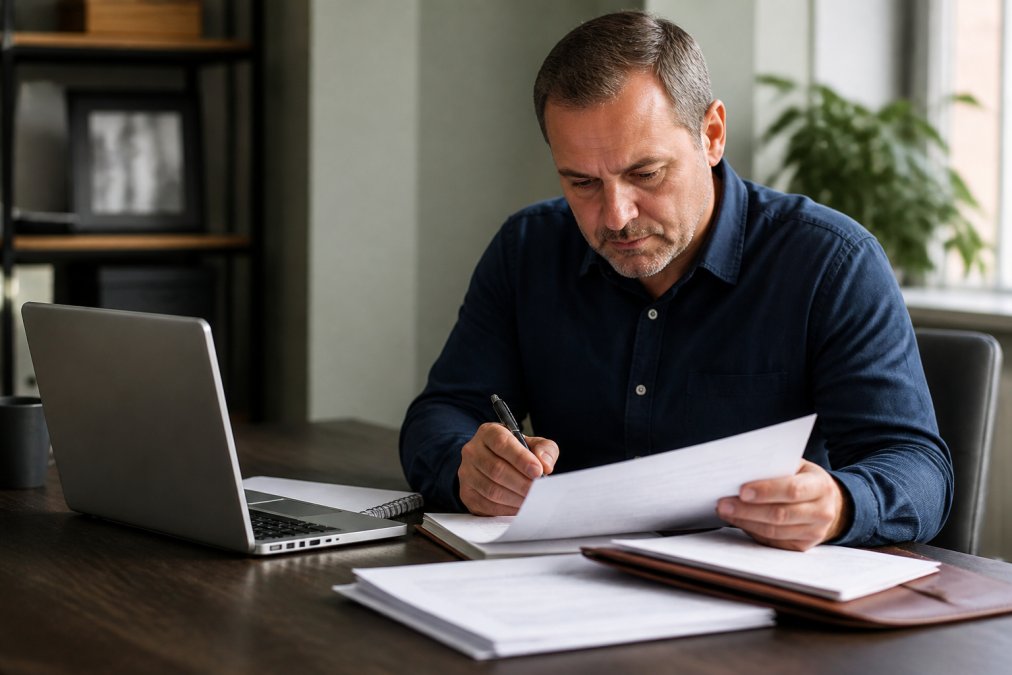 Person at desk reviewing official workers compensation forms with laptop and pen, organized workspace with documents, natural office lighting