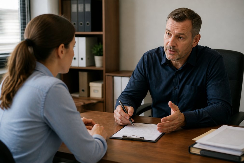 Employee speaking with supervisor or HR representative in office setting, discussing work injury while sitting at desk with incident report form visible