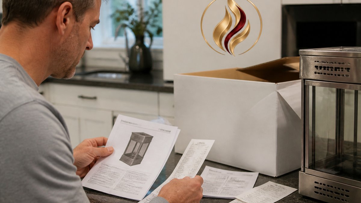 Close-up of homeowner organizing warranty documents, product manual, and receipts on kitchen counter next to an appliance box