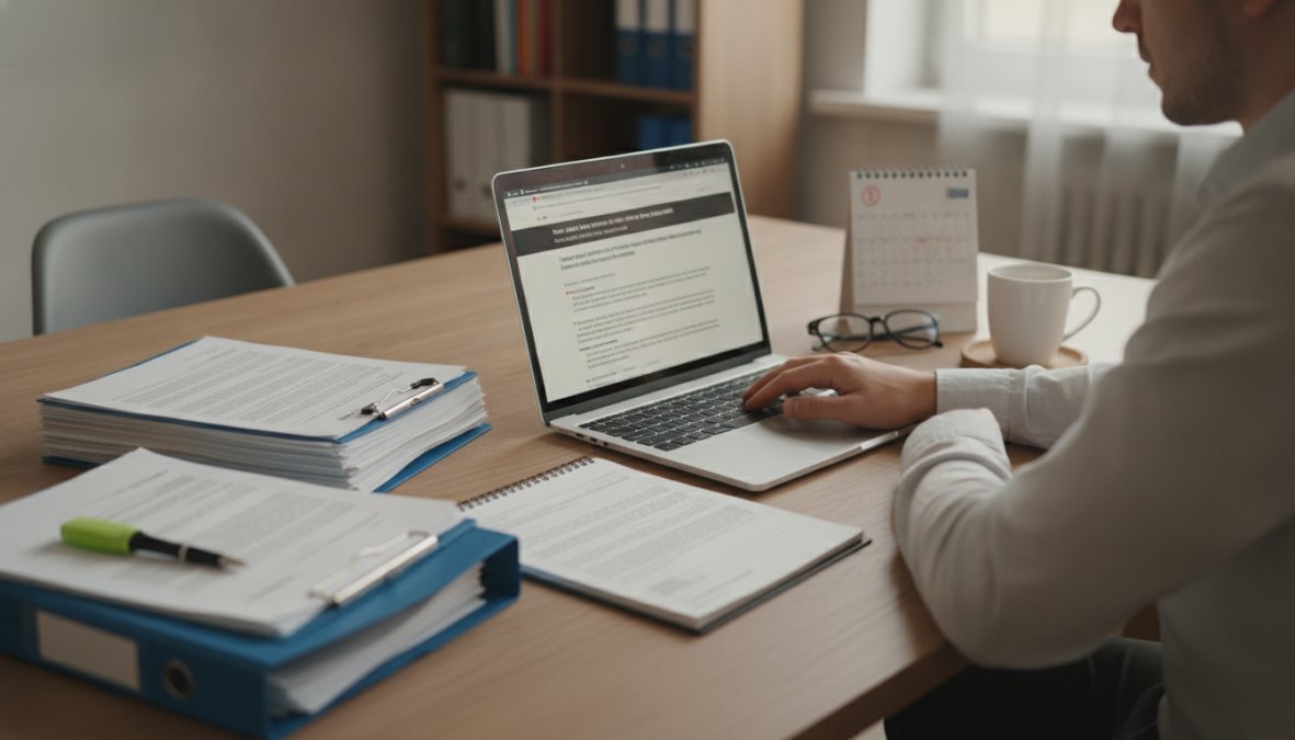 Person reviewing divorce documents and forms at a desk with a laptop, filing cabinet, and legal paperwork organized nearby