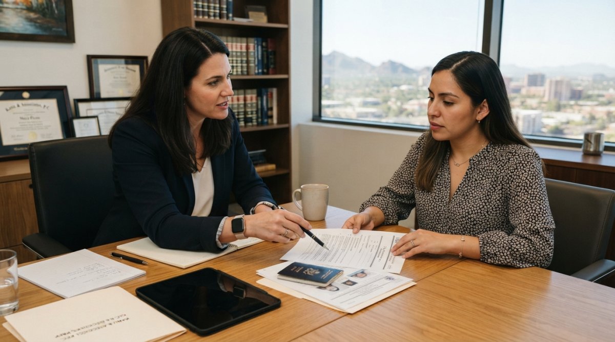 Professional immigration attorney reviewing documents with a client across a desk in a modern law office, both looking focused and engaged, warm overhead lighting