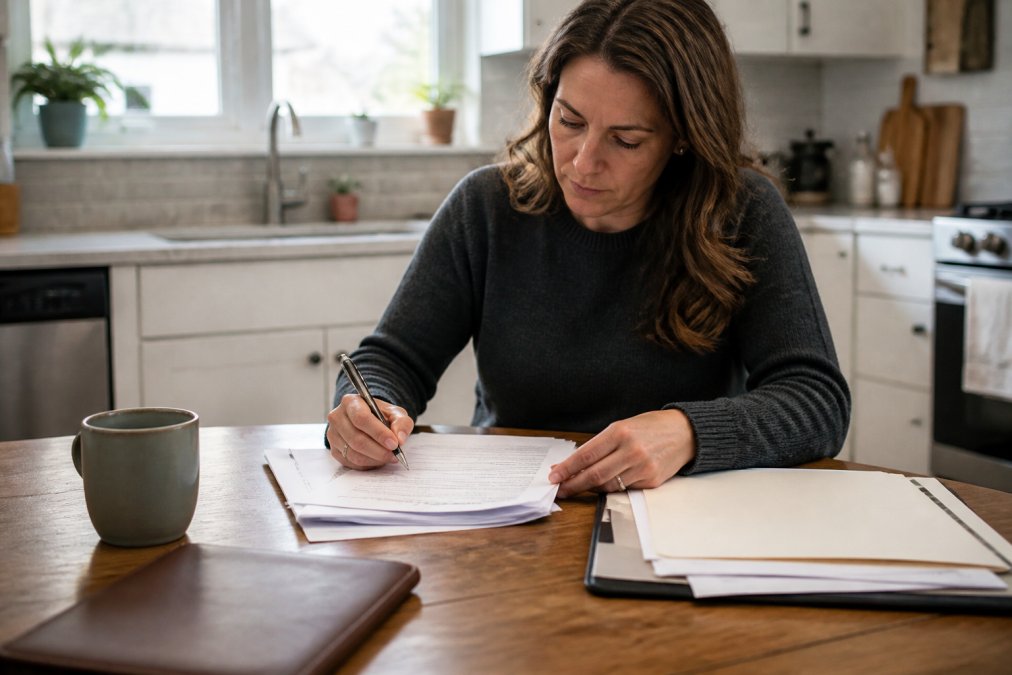 A person sitting at a kitchen table reviewing divorce paperwork with a pen and a folder of documents, soft natural light, focused and calm atmosphere