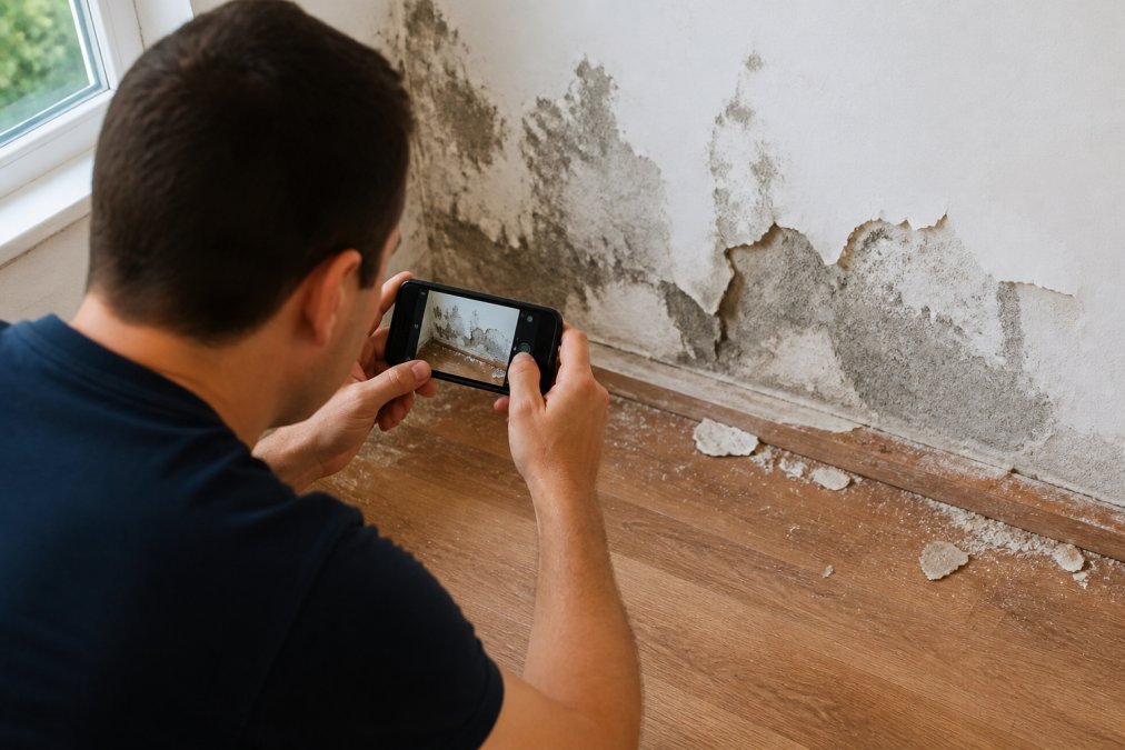 Person photographing property damage with smartphone, close-up of hands documenting damage on walls and flooring with mobile camera in natural daylight
