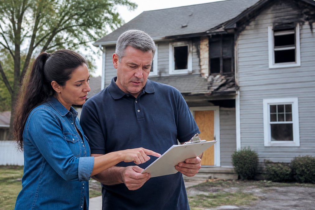Insurance adjuster and homeowner reviewing damage assessment report together in front of property, professional meeting with clipboard and documentation, natural outdoor lighting