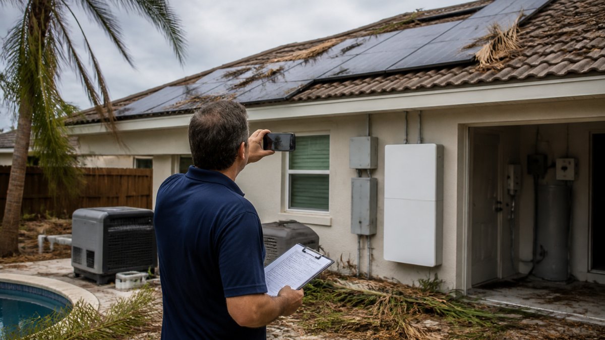 A homeowner in a Florida backyard inspecting solar panels on a roof after a storm, with fallen palm fronds and debris visible on the ground, holding a clipboard and smartphone to take photos of the array