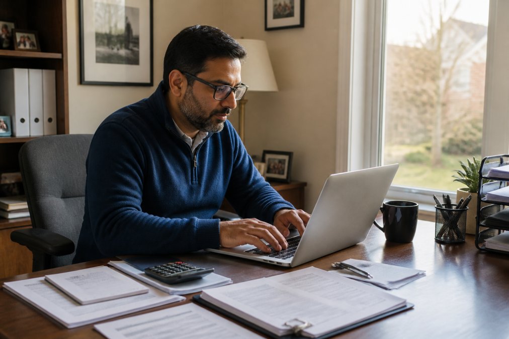 Small business owner filling out T4 slips on a laptop at a home office desk with payroll papers and a calculator.