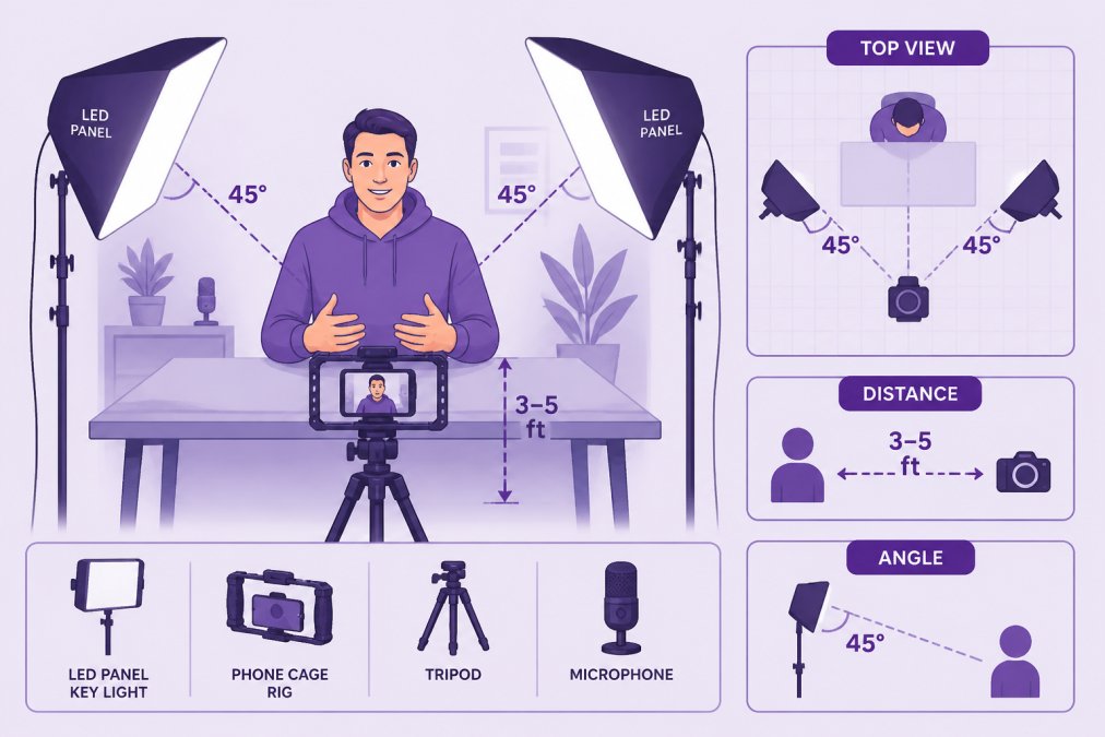 Solo content creator positioned in front of a key light setup with softbox, showing proper distance and angle for self-filming with LED panels positioned at 45-degree angle