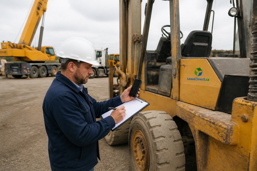 Professional inspector examining used industrial equipment on a job site, taking detailed notes and photographs of the machinery's condition and wear patterns