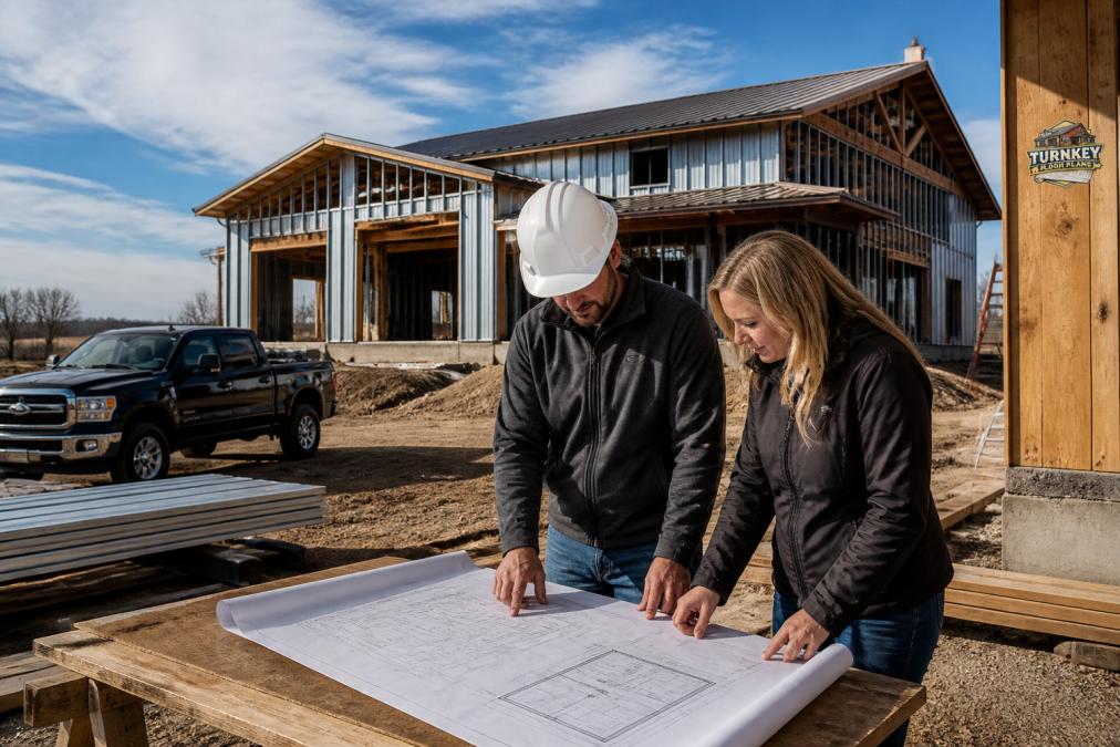 A rural building site with a metal frame barndominium under construction, a general contractor in a hard hat reviewing blueprints with a homeowner, pickup truck and construction materials in the background