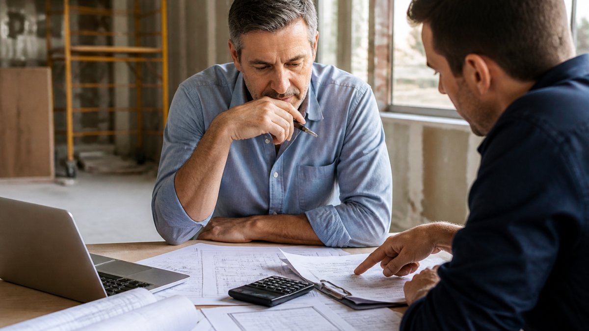 Commercial property owner or manager reviewing renovation plans and contractor bids at a desk with blueprints, calculator, and laptop