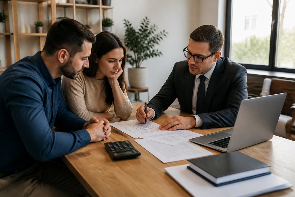 A couple meeting with a mortgage advisor at a desk in a professional office, reviewing financial documents and discussing construction financing options with a laptop and calculator visible