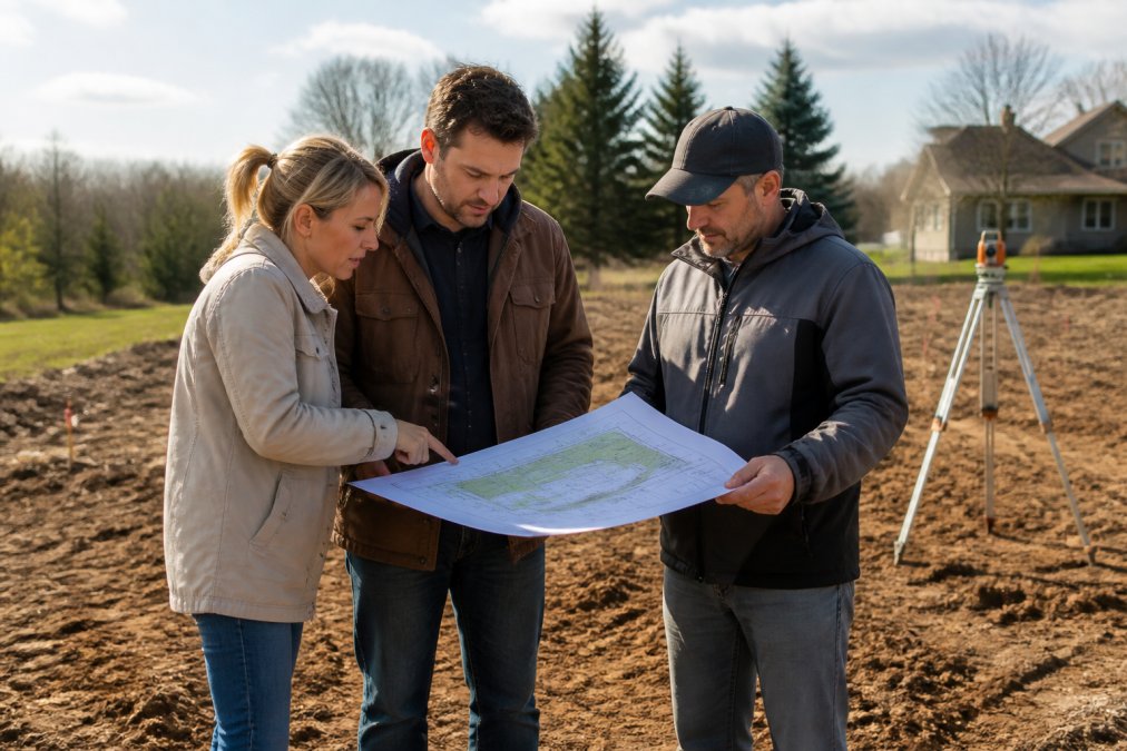 A builder and homeowner standing on a vacant residential lot, reviewing construction blueprints and site layout plans with a surveyor's marker visible in the background
