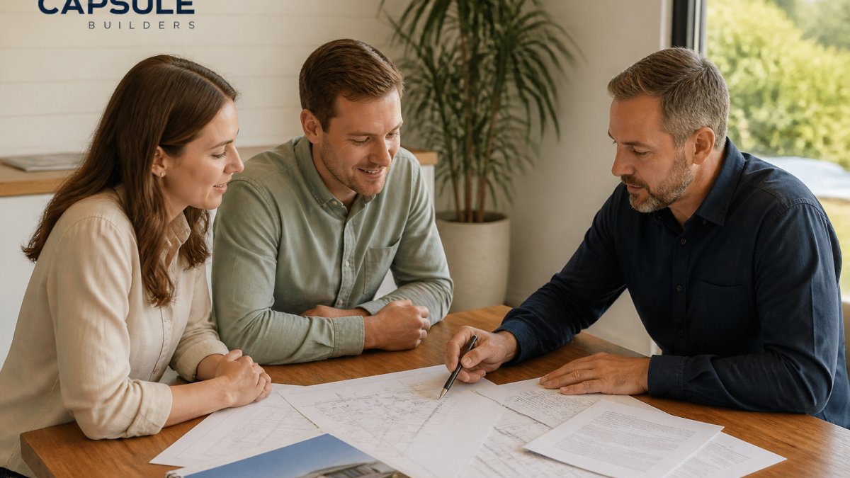 Professional lender and young couple reviewing modular home blueprint and loan documents at wooden desk in bright office with natural lighting