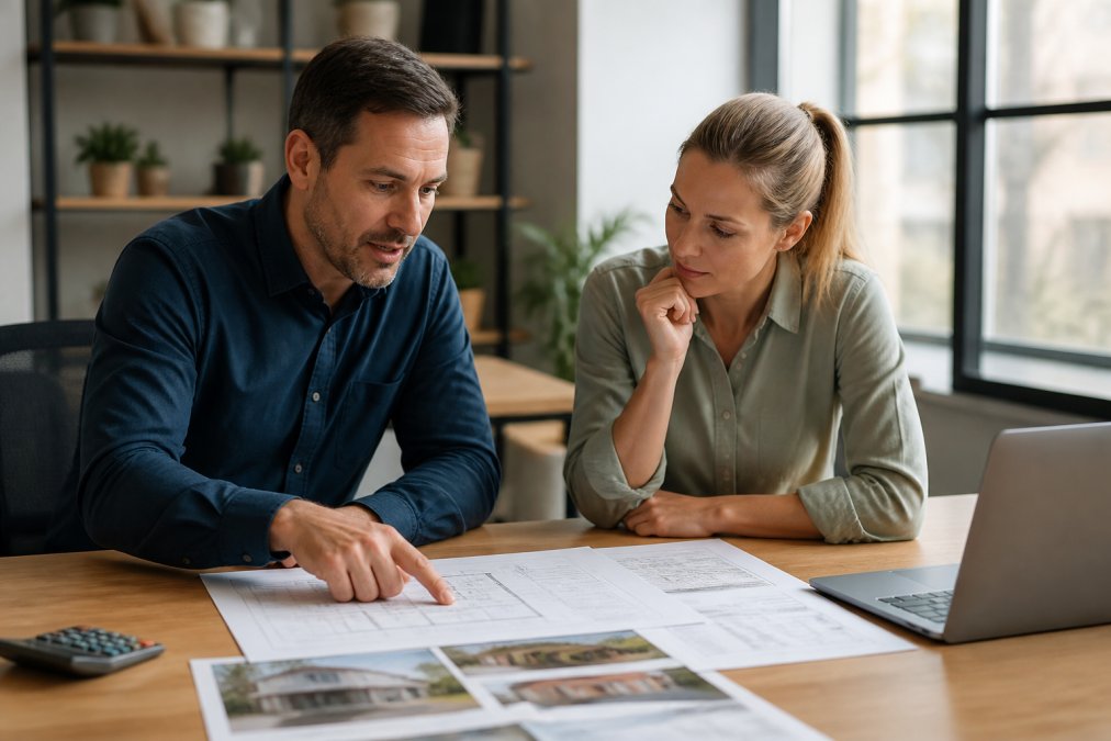 Two real estate professionals reviewing property blueprints and renovation budget documents across a desk with laptop and comparable sales data visible, natural office lighting