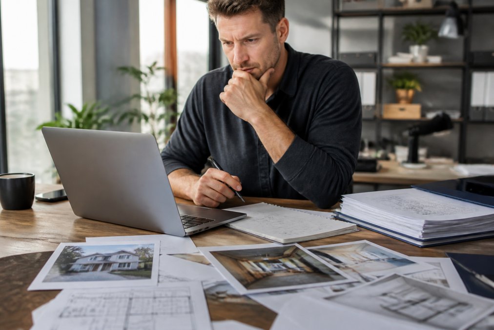Real estate investor reviewing renovation budget spreadsheet on laptop with property photos, cost estimates, and contractor quotes spread across desk in modern office