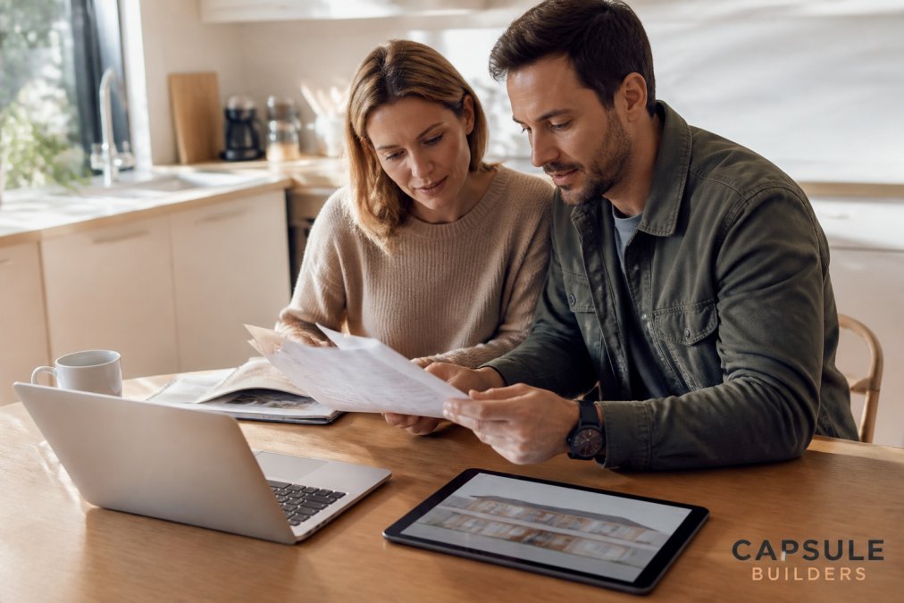 A couple reviewing construction loan documents and a tablet showing modular house plans at a kitchen table, laptop open to a mortgage broker's website, warm morning light
