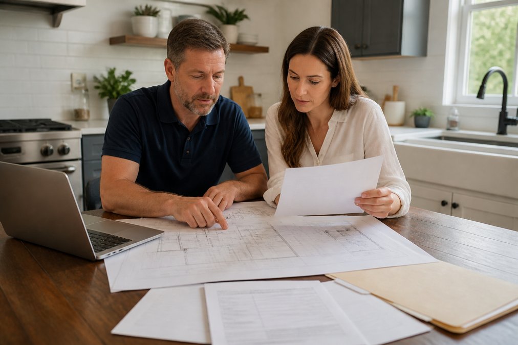 Homeowner and contractor reviewing architectural plans and loan documents at kitchen table with laptop and blueprints visible