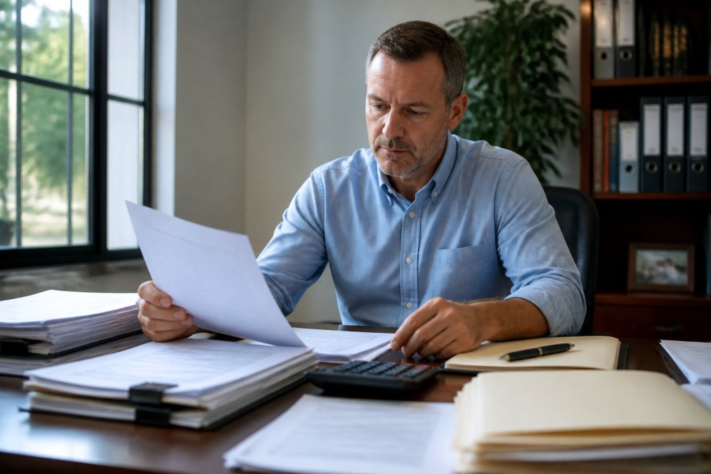 Business owner reviewing financial statements and acquisition documents at a desk with calculator and laptop, natural office lighting
