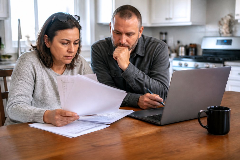 A person reviewing financial documents and a credit report at a kitchen table, with a laptop open to a car loan application website