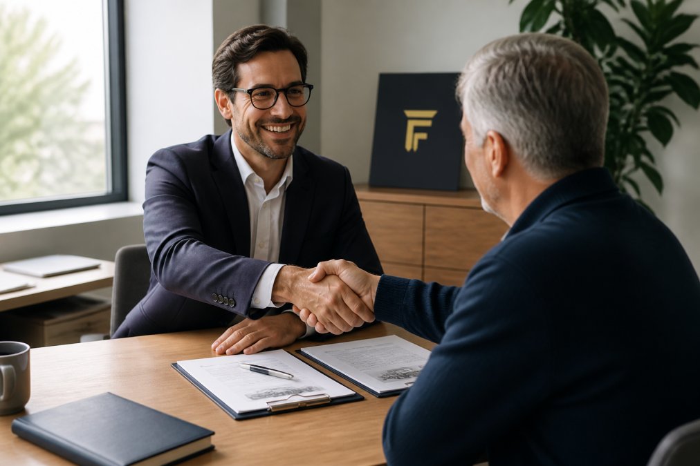 A business owner and a lender reviewing equipment financing documents across a modern office desk, natural window light, handshake in progress