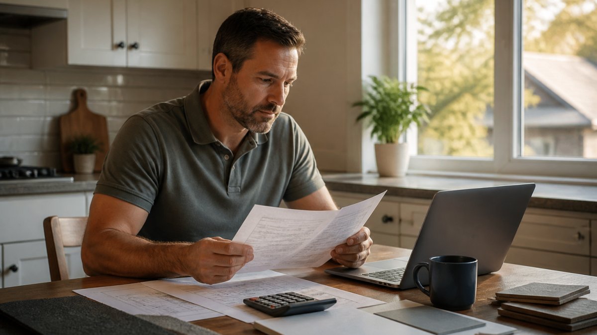 A homeowner reviewing financial documents and a laptop at a kitchen table, calculator and coffee cup nearby, warm afternoon light through the window