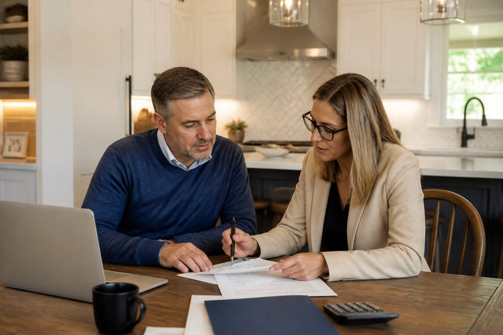 Homeowner and financial advisor sitting at a kitchen table reviewing loan documents and a laptop, with a modern renovated kitchen visible in the background
