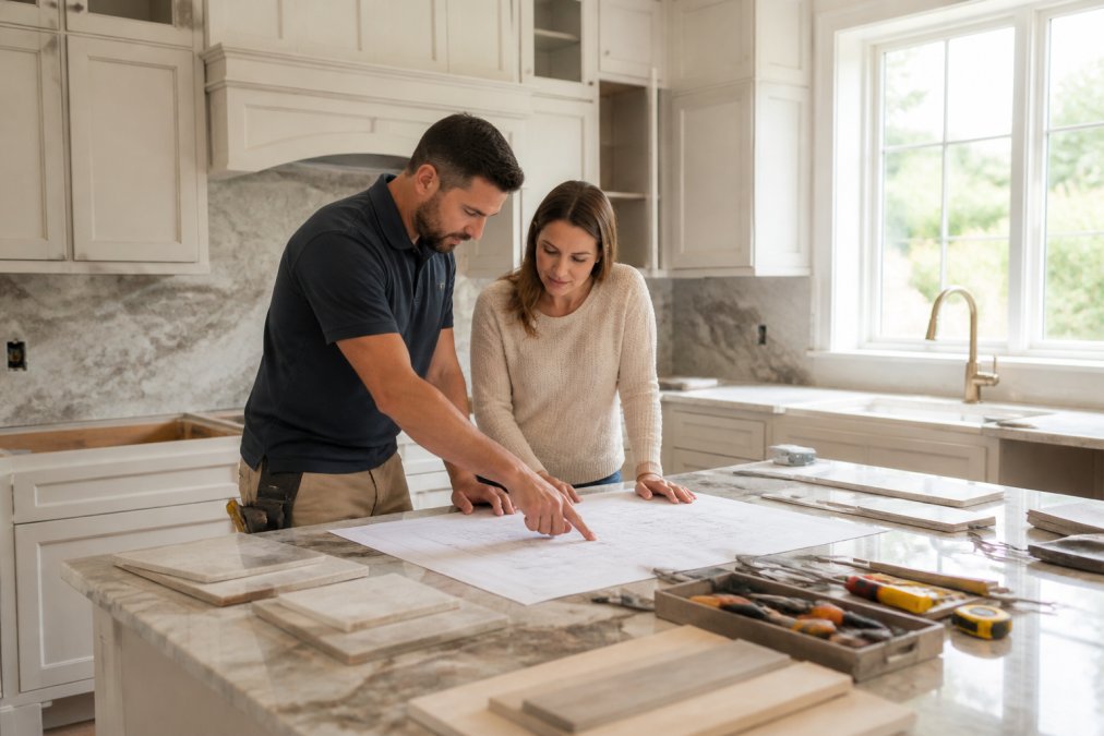 Luxury kitchen renovation in progress with high-end cabinetry, marble countertops, and a contractor reviewing blueprints with a homeowner in bright natural light