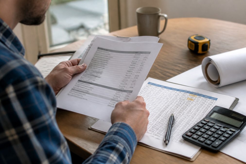 Close-up of hands holding contractor estimates and budget spreadsheet, with calculator and pen on desk, natural office lighting