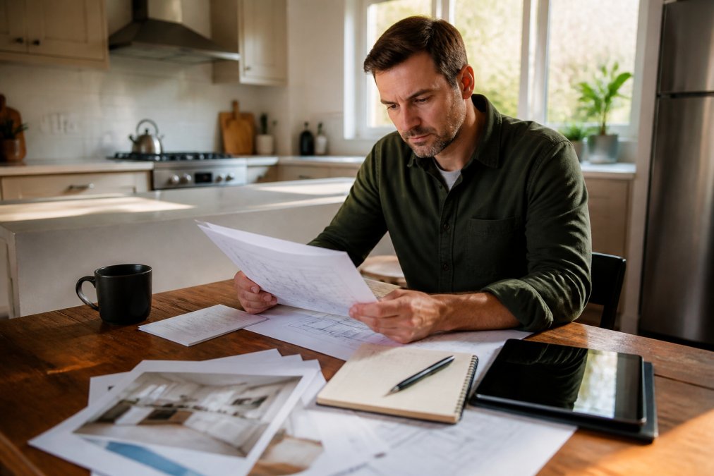 Homeowner sitting at kitchen table reviewing renovation plans and loan documents with tablet and notebook nearby, natural morning light