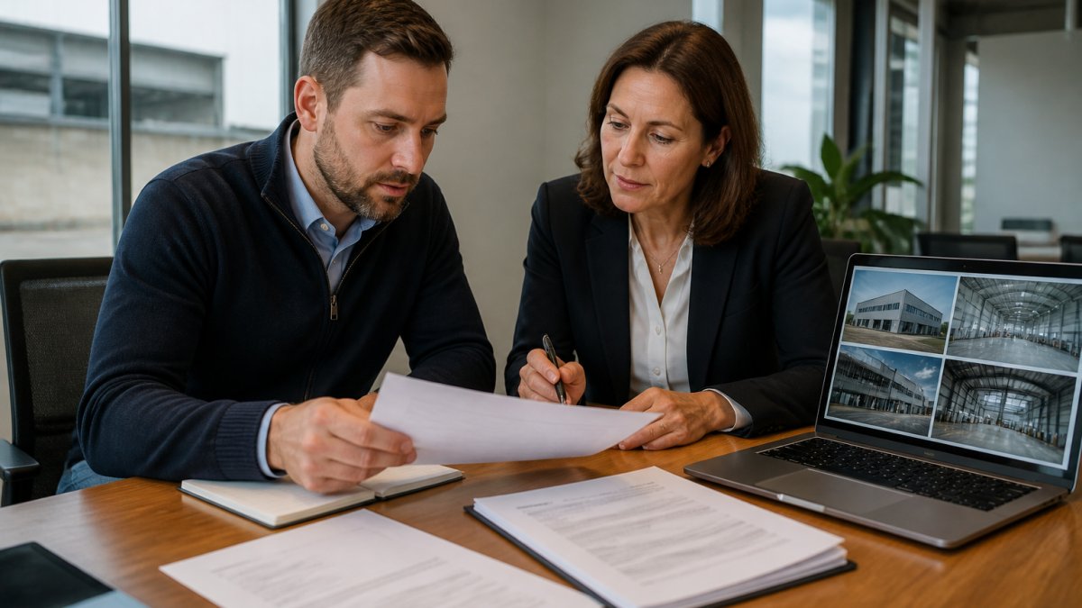 A business owner and a financial advisor reviewing loan documents and a laptop with property photos in a bright modern office conference room