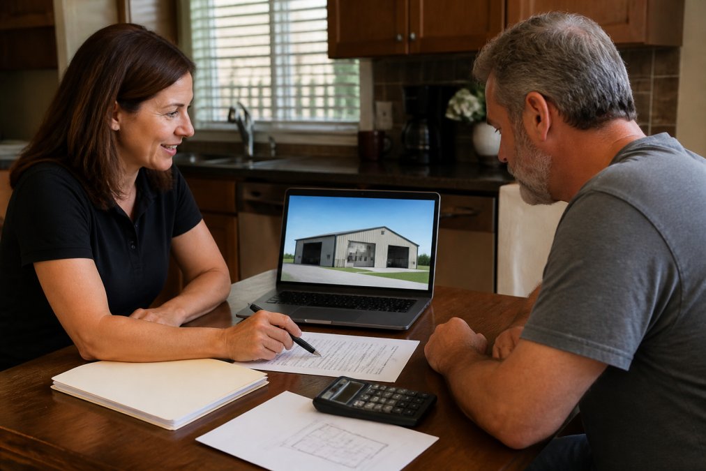 Checklist for how to finance metal buildings showing a homeowner and lender reviewing loan documents