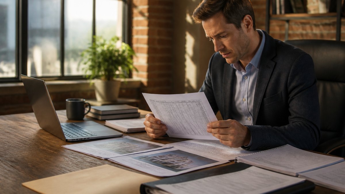 Investor reviewing loan documents and rent rolls to finance multifamily properties at a desk