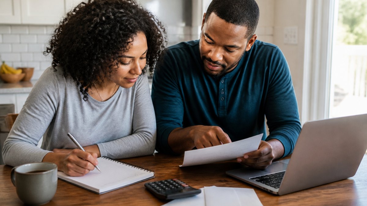A couple sitting at a kitchen table with a notepad, calculator, and laptop, reviewing a bedroom furniture budget and financing paperwork in warm morning light
