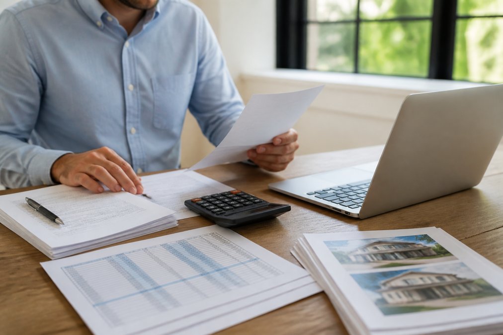 Real estate investor reviewing property documents and financial statements at a desk with a laptop, calculator, and rental property portfolio spreadsheet under natural office lighting