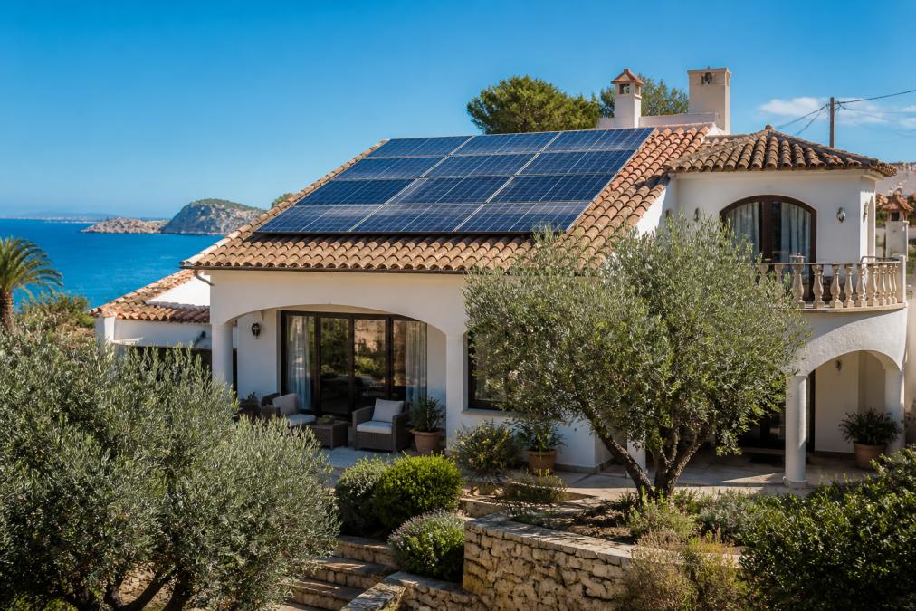 Modern Mediterranean villa with solar panels installed on terracotta roof tiles, surrounded by olive trees and coastal landscaping, bright Mediterranean sunlight illuminating the installation