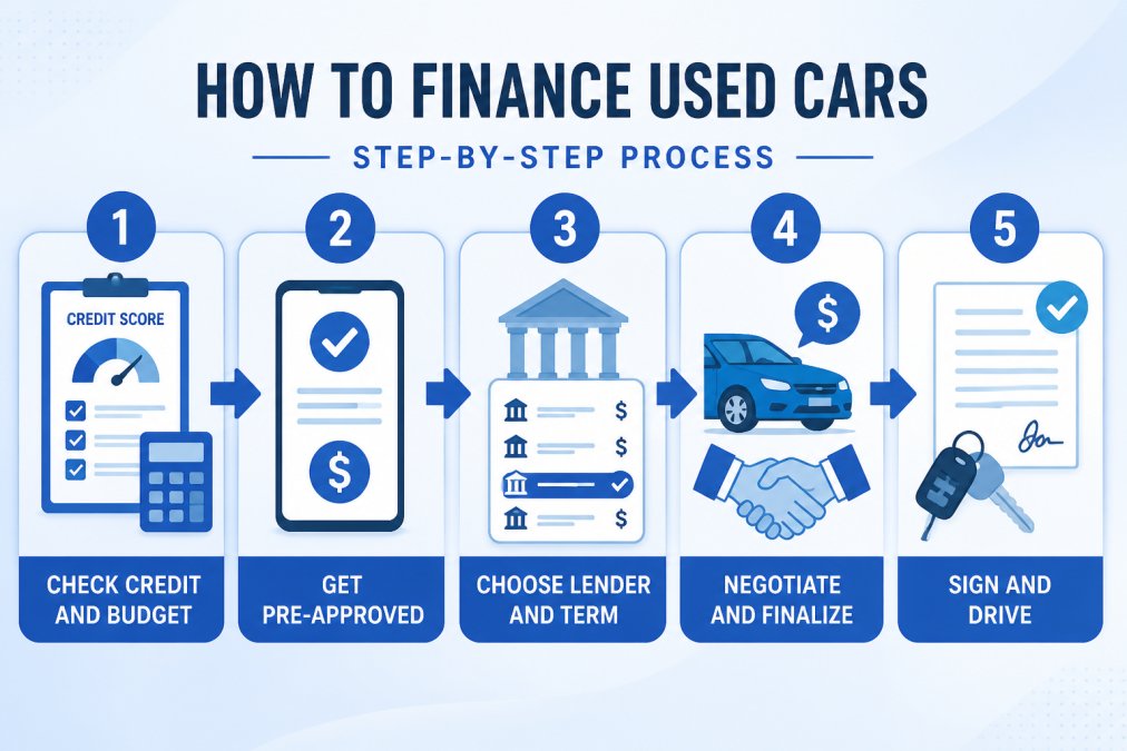 Flowchart showing the 5-step used car financing process: 1) Check credit and budget, 2) Get pre-approved, 3) Choose lender and term, 4) Negotiate and finalize, 5) Sign and drive