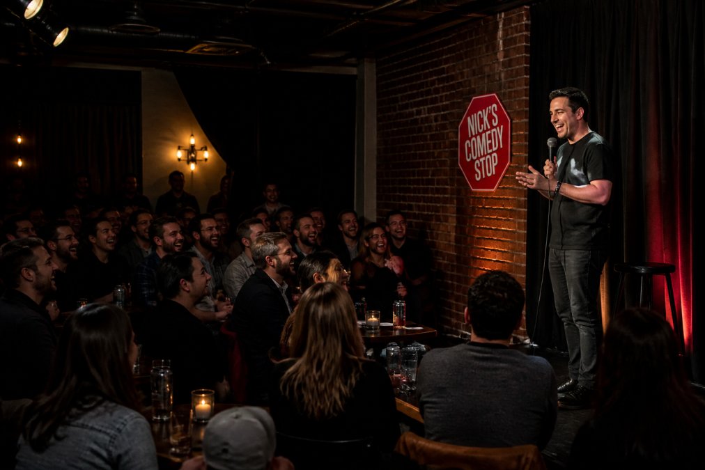 A comedian performing 18 plus comedy for a laughing crowd in a club