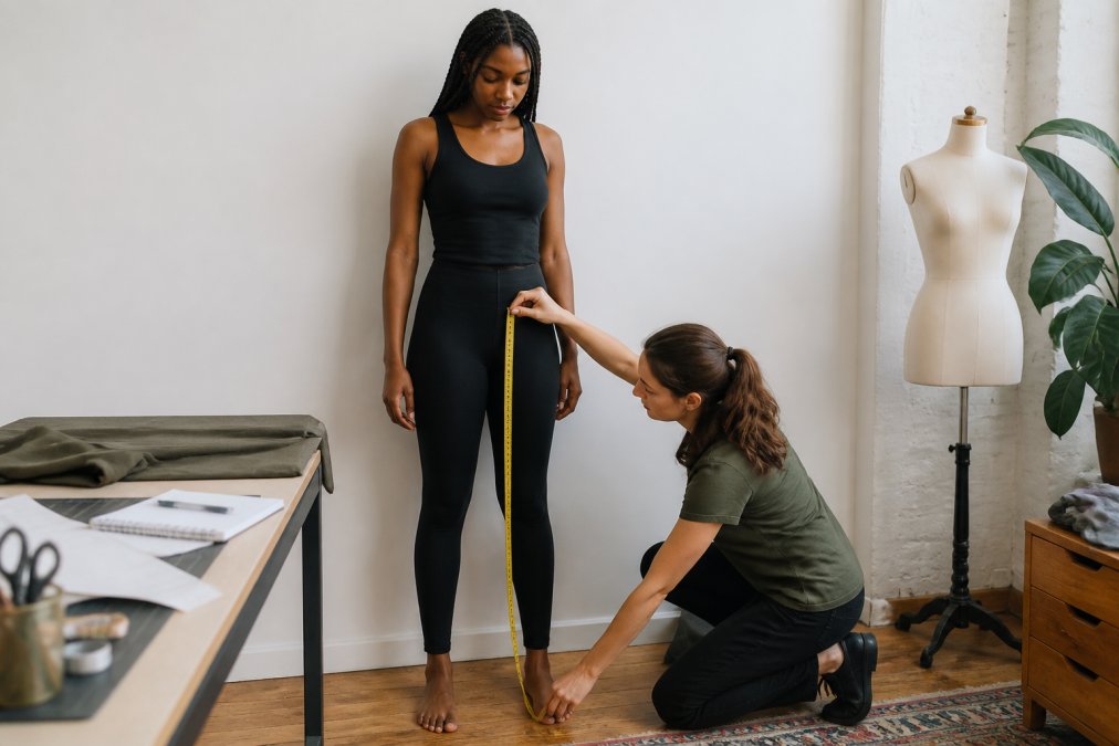 A friend measuring a tall woman’s leg to find her 38 inch inseam length