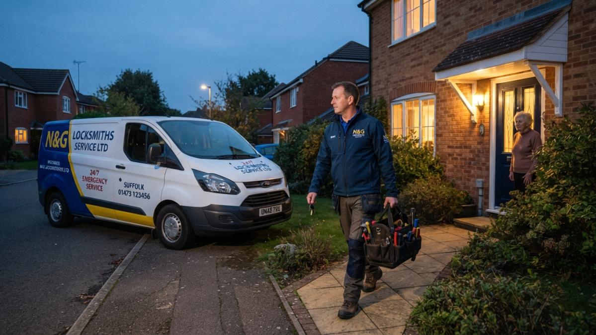 A locksmith in a branded van parked outside a residential home in Suffolk at dusk, wearing a professional uniform and carrying a tool bag, with warm porch light illuminating the front door