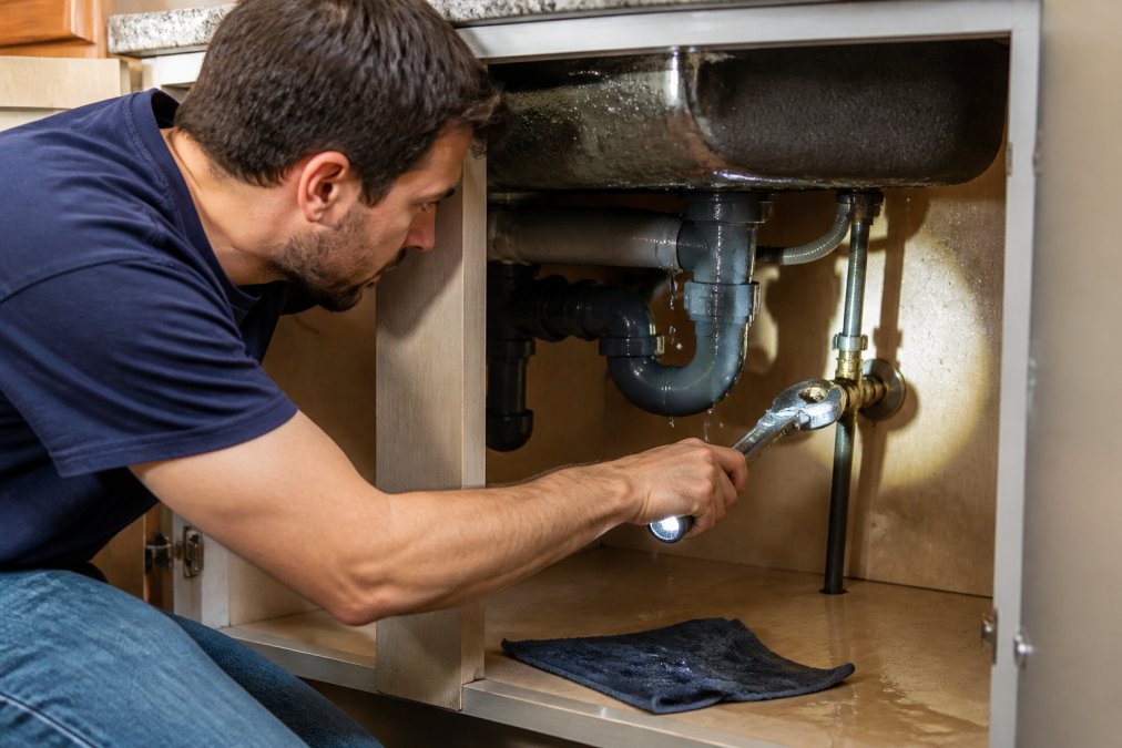 Homeowner using a wrench to shut off the water valve before calling a 24/7 plumber for a kitchen leak.