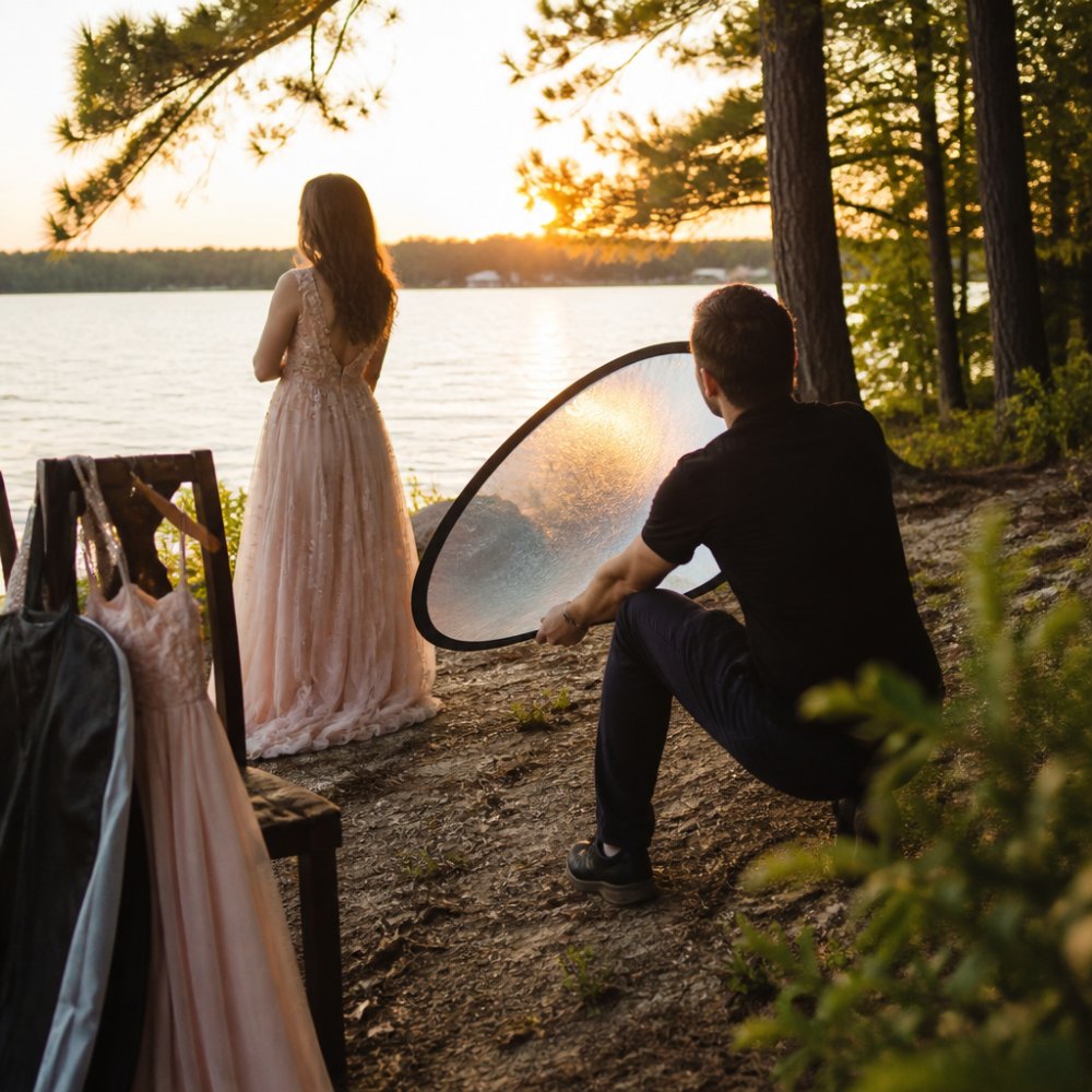 Photographer adjusting a reflector during a bespoke senior portrait session at a lake during golden hour
