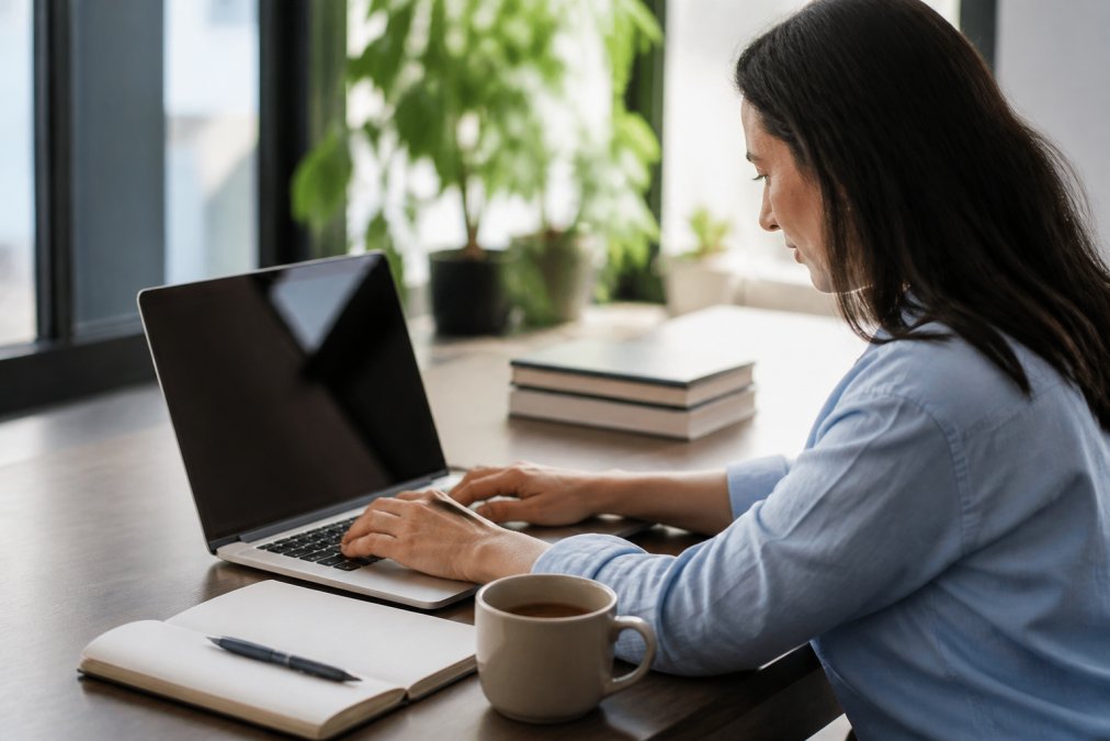 A person at a clean desk searching for a doctor's credentials on a laptop, a cup of coffee nearby and soft daylight coming through a window
